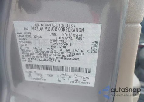 2008 Mazda Tribute I Touring из США, поврежденный, VIN 4F2CZ02ZX8KM27474